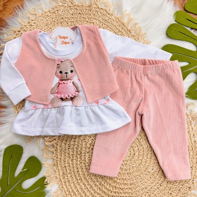 Conj. Colete, Blusa Ursinha de Crocê e Calça de Veludo Canelado - Rosa